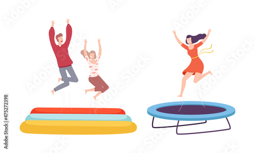 Cheerful People Character Jumping and Bouncing on Trampoline Having Fun Vector Set