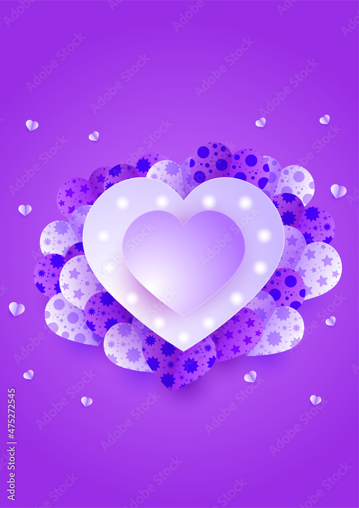 Valentine's day universal love heart poster background. Beautiful shining heart purple Papercut style Love card design background