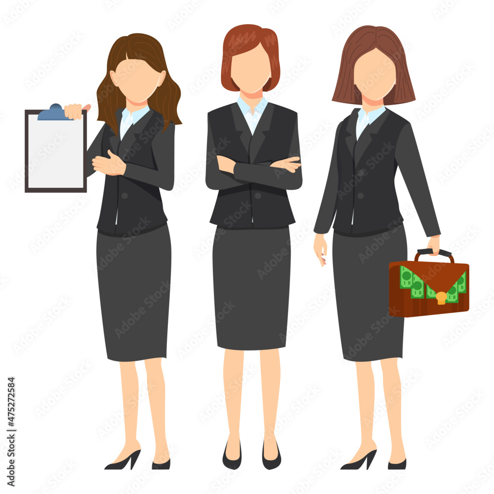 Businesswoman face less character set team standing together and posing isolated holding clipboard and bag