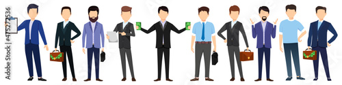 Businessman face less characters big set team standing together and posing isolated