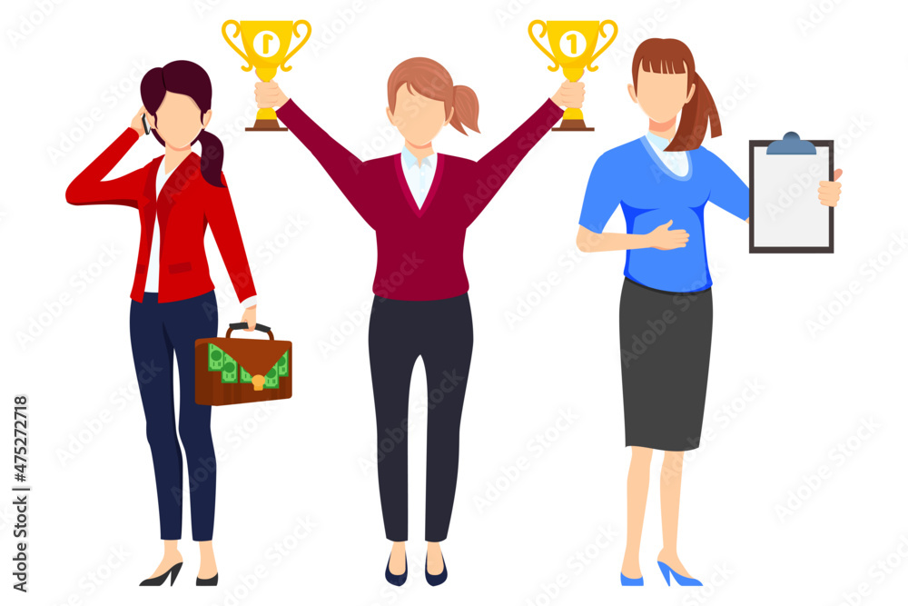 Businesswoman face less character set team standing together and posing isolated holding bag with money and clipboard