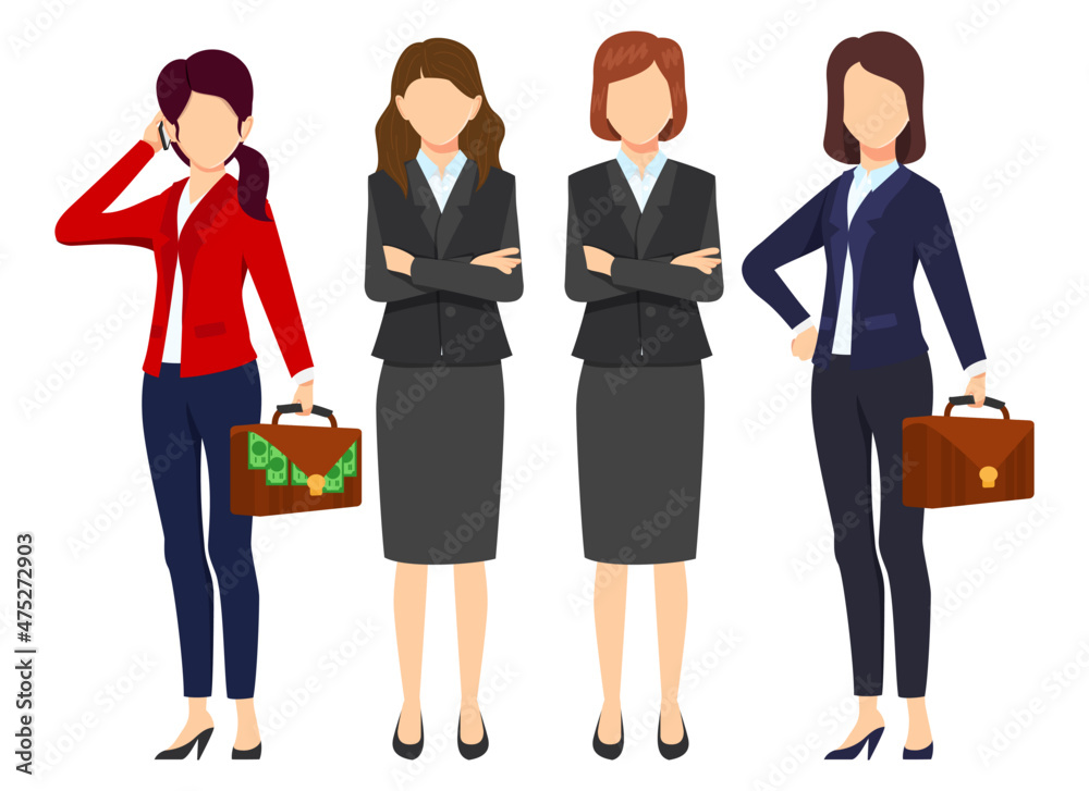 Businesswoman face less character set team standing together and posing isolated holding bag