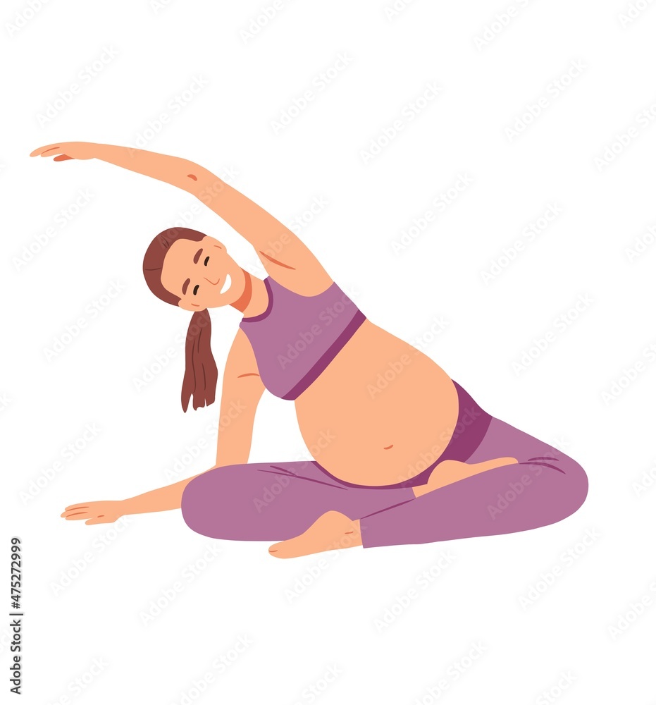 Pregnant woman practicing yogа ехercise in seated position with legs crossed. Mom stretching arm overhead during pregnancy. Prenatal gymnastics. Flat illustration isolated on white background Pregnant woman practicing yogа ехercise in seated position with legs crossed. Mom stretching arm overhead during pregnancy. Prenatal gymnastics. Flat illustration isolated on white background