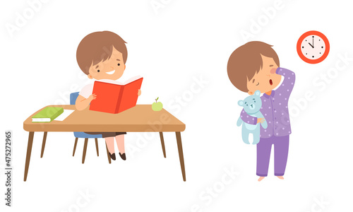 Little Boy Reading Book at Table and Yawning Wearing Pajama Vector Set