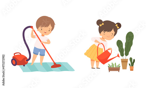 Little Boy Vacuum Cleaning Carpet and Girl Watering Flower in Pot Vector Set