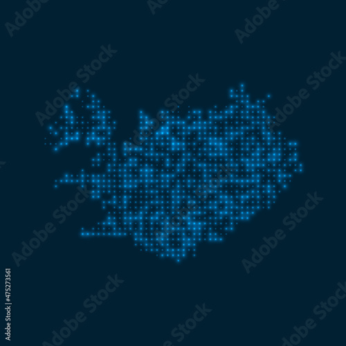 Iceland dotted glowing map. Shape of the country with blue bright bulbs. Vector illustration.