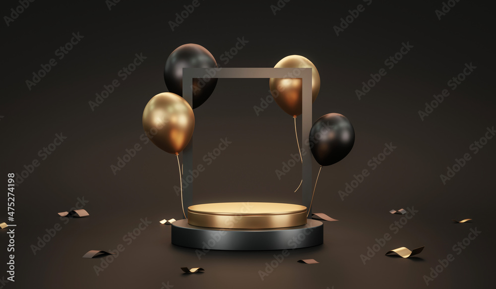 Gold podium pedestal product stand 3d background luxury celebration display with golden birthday black balloon anniversary exhibition and festive presentation studio showcase decoration premium scene.