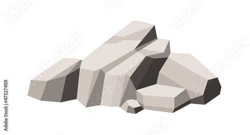 Polygonal rocks heap. Geometric boulders. Big stones with angular facets. Heavy rubbles composition. Lowpoly boulderstones. Flat vector illustration of rocky formation isolated on white background