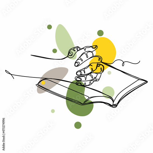 Continuous one simple single line drawing of religious hands praying over Bible icon sketch in silhouette on a white background. Linear stylized.