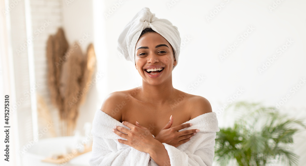 Attractive Black Lady Posing In White Bathrobe In Bathroom, Panorama Attractive Black Lady Posing In White Bathrobe In Bathroom, Panorama