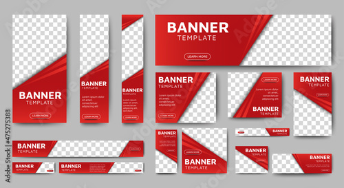 set of creative web banners of standard size with a place for photos. Gradient red. Business ad banner. Vertical, horizontal and square template.