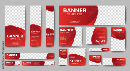 set of creative web banners of standard size with a place for photos. Gradient red. Business ad banner. Vertical, horizontal and square template.