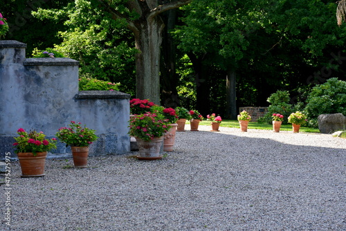 A photo of an old abandoned villa or mansion with some flower pots with flowers arranged next to it on a gravel road or path seen on a sunny summer day on a Polish countryside