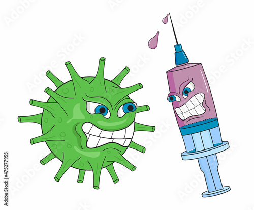 Coronavirus vaccination vector. artoon syringe with a vaccine and the covid virus.
