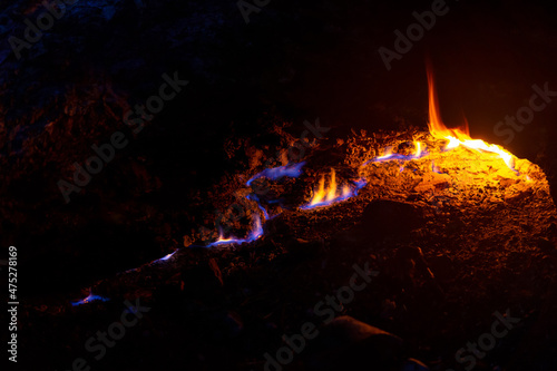 constantly burning fire at the place of a natural gas emission on Mount Chimaera  Yanartas   Turkey  night view