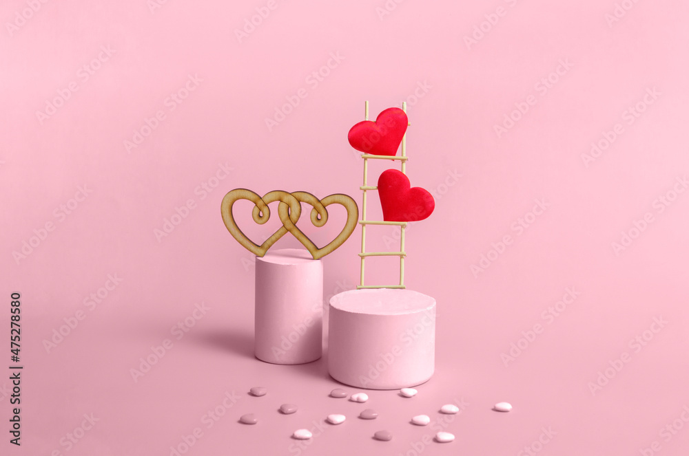 Podium with wooden stairs and hearts on a pink background, monochrome. Celebrating Valentine's Day copy space.