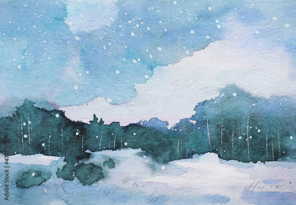 Abstract winter landscape. Snow falls over a coniferous forest. Watercolor painting. Texture of watercolor paper and paint.