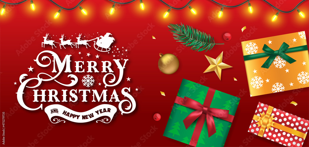 Merry Christmas banner decorated with Santa riding sleigh, gift box, bauble, star and Christmas berries. Vector Illustration