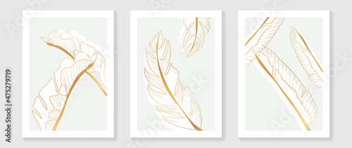 Gold Botanical wall art vector set. Earth tone boho foliage line art drawing with  abstract shape.  Abstract Plant Art design for print, cover, wallpaper, Minimal and  natural wall art.
