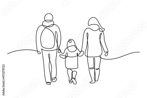 Happy family in continuous line art drawing style. Back view of parents with one child holding hands and walking together black linear sketch isolated on white background. Vector illustration photo