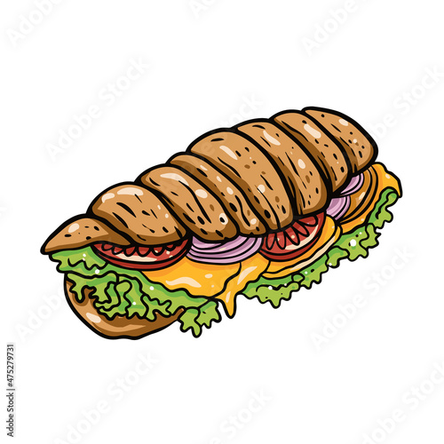 Sub sandwich hand drawn colorful vector illustration. Set ingredient cheese, tomato, onion and shredded lettuce.