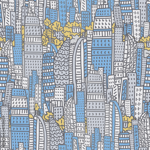 big city metropolis with modern buildings and skyscrapers in a doodle style. Seamless vector pattern