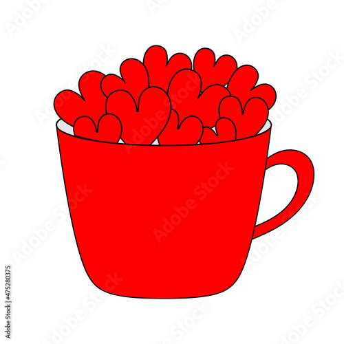 Red cup mug full of heart set. Love teacup with hearts. Happy Valentines Day. Coffee, tea, hot chocolate, cocoa drink. Greeting card template. White background. Isolated.