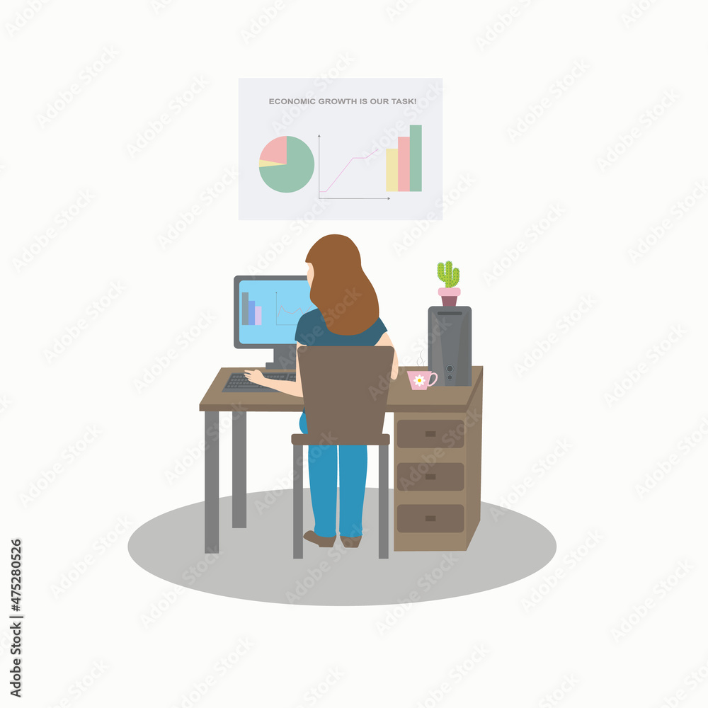 Illustration of an economist accountant woman at work on a computer in the office