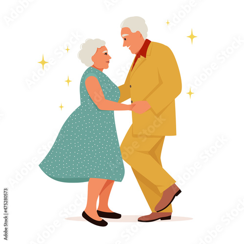 Elderly couple dancing. Recreational and healthy sport activities for grandparent. Flat vector illustration in retro style