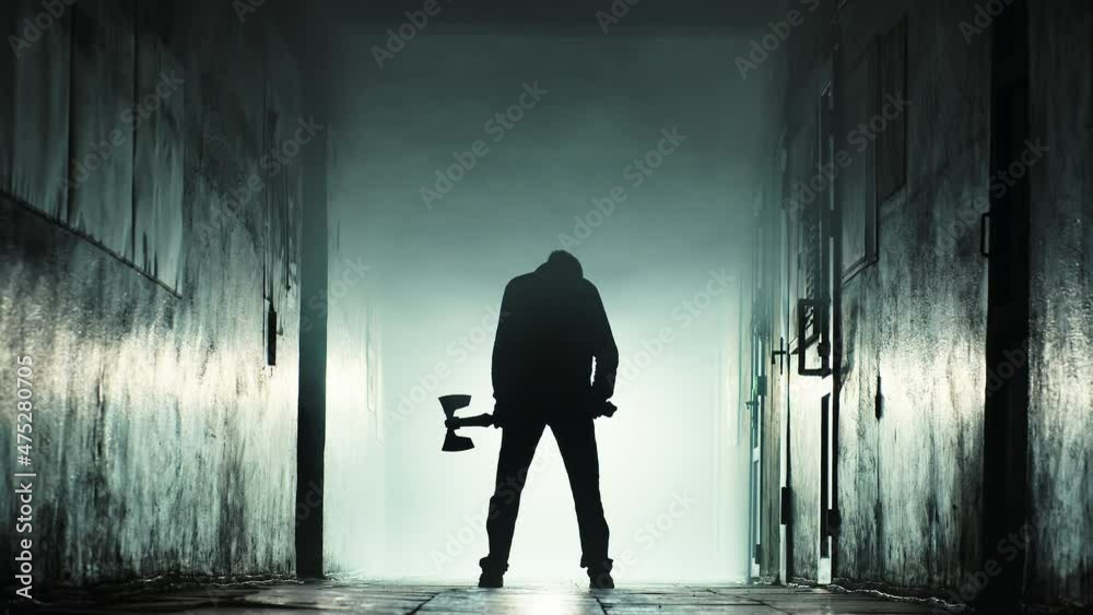 Black silhouette of an assassin with an ax in his hand in a gloomy corridor. It is shrouded in smoke. The man raises the ax and swings it
