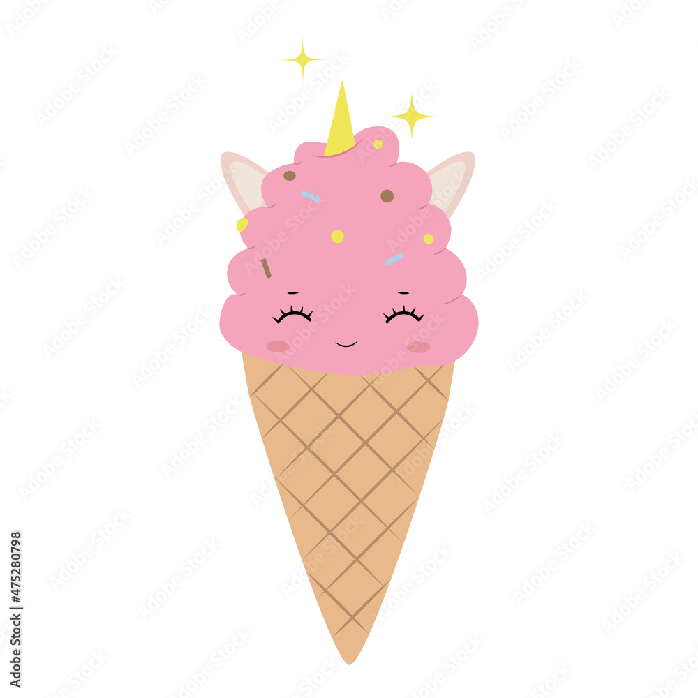 Cute smiling pink unicorn ice cream character with close eyes. Vector illustration for prints, card and more. Cute smiling pink unicorn ice cream character with close eyes. Vector illustration for prints, card and more.