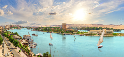 Beautiful Nile panorama and Aswan city with sailboats, Egypt