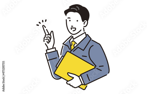 バインダーを持ってポーズをとる作業服の男性