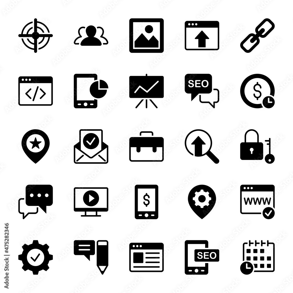 Glyph icons for search engine optimization. Glyph icons for search engine optimization.