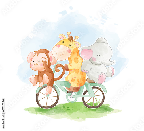 Cute cartoon animal friends riding bicycle illustration