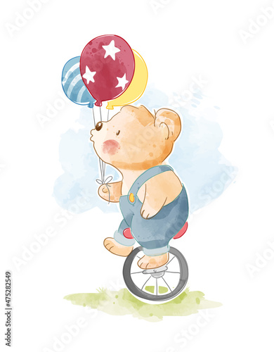 Cute bear riding unicycle and holding balloon illustration