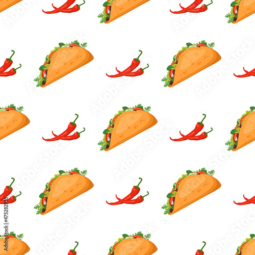 Seamless pattern with Mexican traditional taco food and hot peppers. Fast food print for restaurant, cafe and design on white background. Vector flat illustration