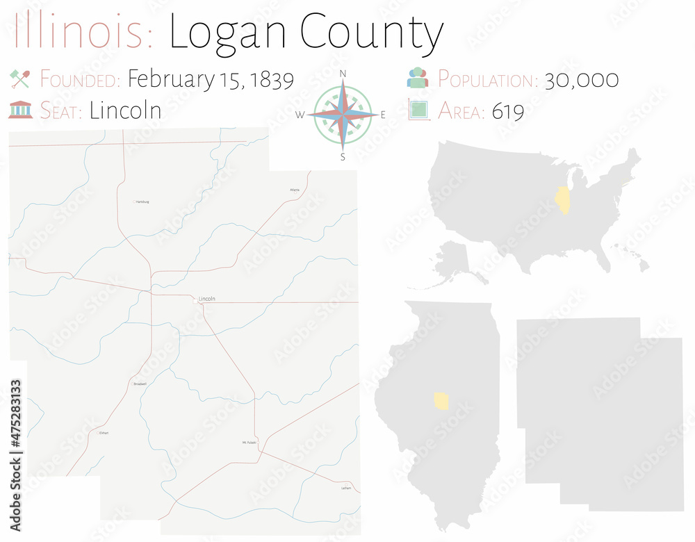 Large and detailed map of Logan county in Illinois, USA.