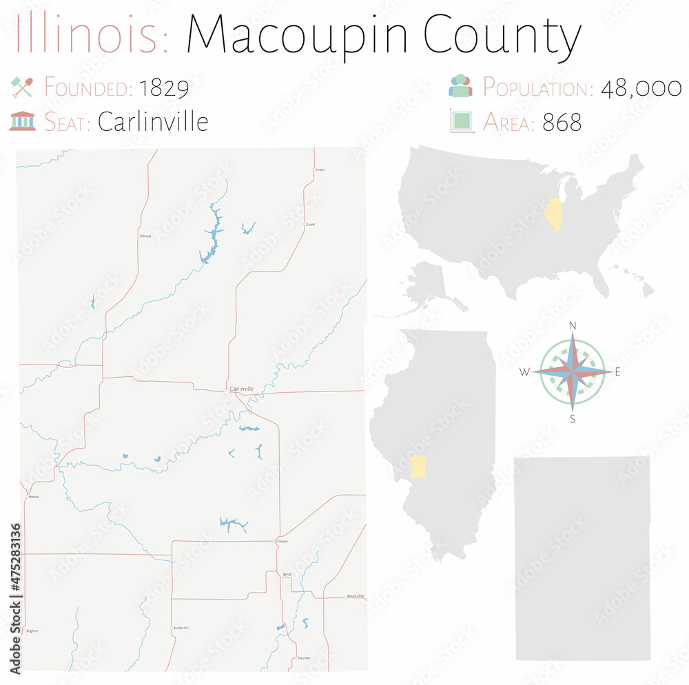 Large and detailed map of Macoupin county in Illinois, USA.
