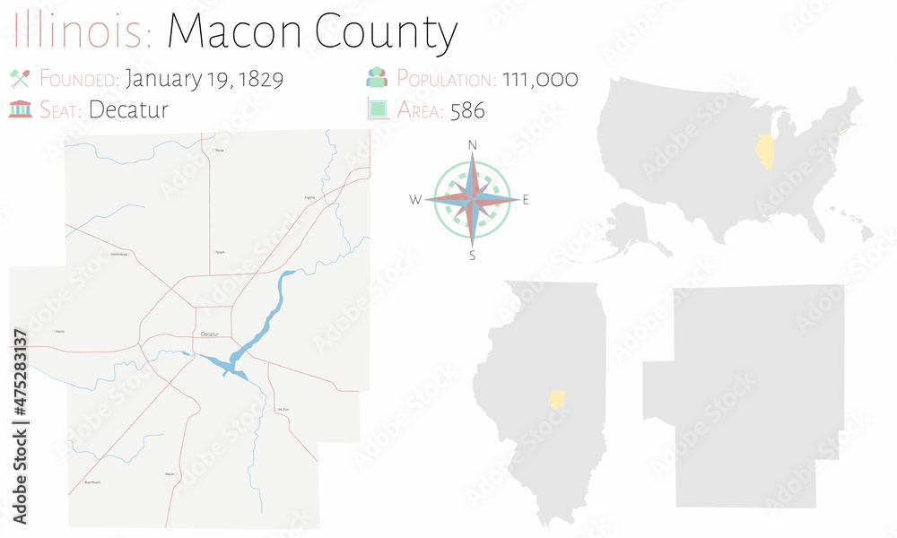 Large and detailed map of Macon county in Illinois, USA.