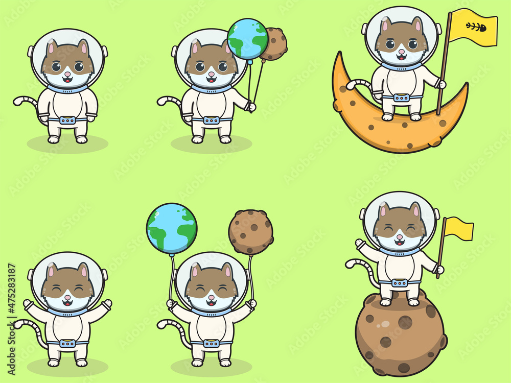 Vector Illustration of Cute Cat with an astronaut costume. Funny Cat Wearing Astronaut Costumes or Spacesuit Vector Set. Flat Cartoon Style. Vector Illustration of Cute Cat with an astronaut costume. Funny Cat Wearing Astronaut Costumes or Spacesuit Vector Set. Flat Cartoon Style.