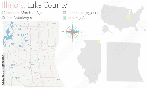 Large and detailed map of Lake county in Illinois, USA. photo