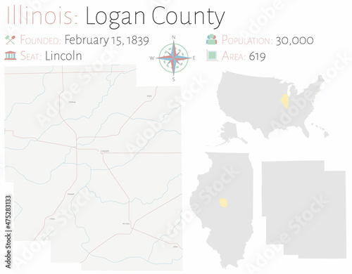 Large and detailed map of Logan county in Illinois, USA. photo
