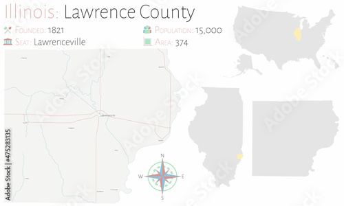 Large and detailed map of Lawrence county in Illinois, USA.