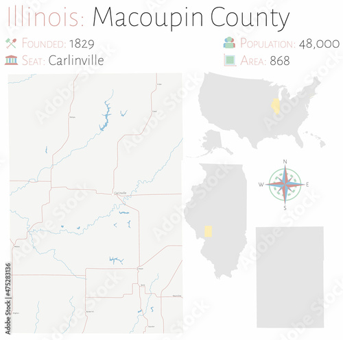 Large and detailed map of Macoupin county in Illinois, USA.