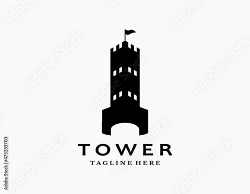 Castle tower logo icon with black and white.  Silhouette of palace or fortress with flags. Suitable for museums, stamps, postcards.