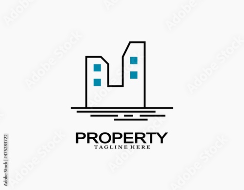 Real estate logo for property business. Minimal design vector concept with letter M and building icon. 