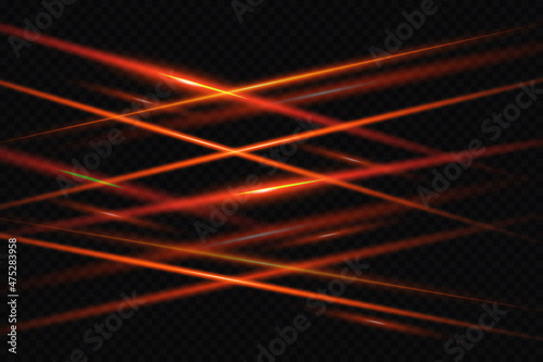 Set of red horizontal lens flares. Laser beams, horizontal light beams. Beautiful highlights. Glowing stripes on a dark background.