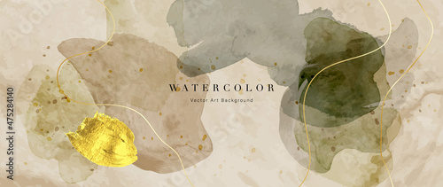 Watercolor art background vector. Wallpaper design with paint brush and gold line art. Earth tone beige watercolor Illustration for prints, wall art, cover and invitation cards.