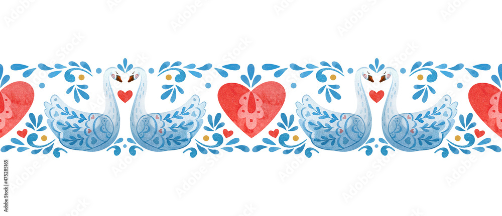 Seamless borders with swans, heart and folklore elements - obrazy, fototapety, plakaty 